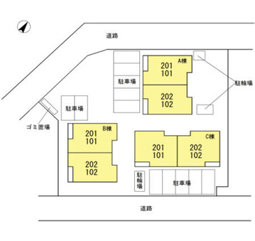 外観画像：サヌール(Ａ棟)、レギャン(Ｂ棟）、ヌサドゥア（Ｃ棟）の配置はこのような感じです